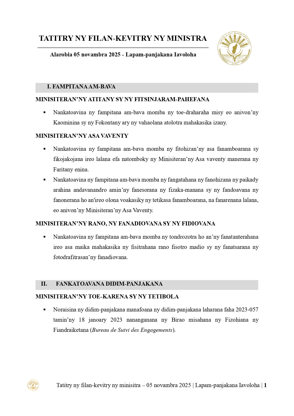 Tatitry ny Filankevitry ny Minisitra natao tao amin'ny Lapam-panjakana Iavoloha anio 05 Novambra 2025