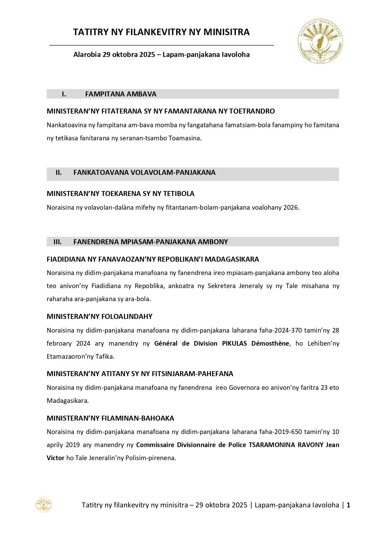 Tatitry ny Filankevitry ny Minisitra natao tao amin'ny Lapam-panjakana Iavoloha anio 29 Oktobra 2025